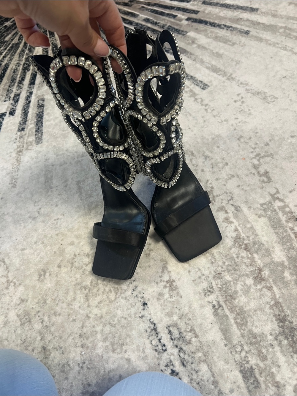 Crystal-Embellished Black Heeled Sandals